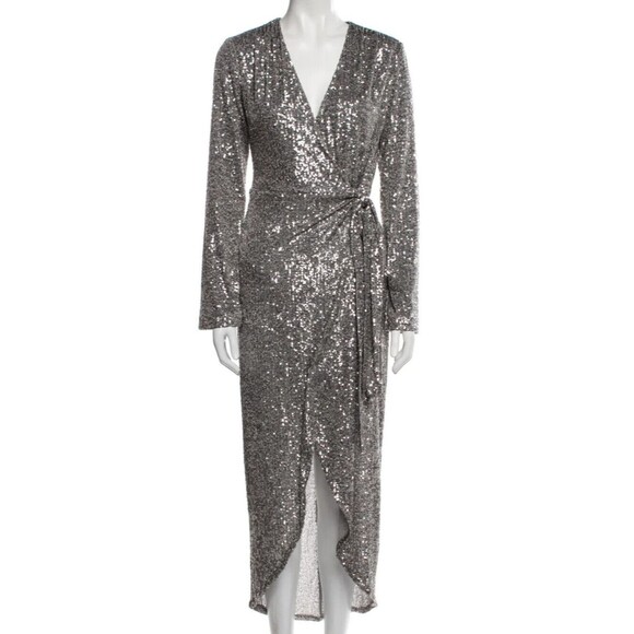 Women's Dresses Evening Designer Halston Heritage V Neck Long Wrap Sequin Dress - Picture 3 of 10